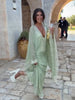 Elegant Green Lace V Neck Maxi Dress Women Chic Full Flared Sleeve Pleated Slim Fit Layered Gown Evening Wedding Guest Robe