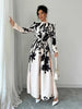 Dresses For Women Black And White Flowers Print Long Sleeve Ruffled Collar Elegant Dress Lace Up A-Line Dress Spring