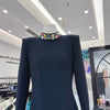 High Street Designer Women's Colorful Diamond Standing Neck Long Sleeve Dress