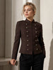 Elegant Women Stand Collar Double Breasted Military Jacket Slim Fit Waist Cropped Blazer Solid Color Lady Outer Coat
