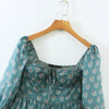Women Sexy Cross Bandage Black Flower Print Puff Long Sleeve Dress 3 Layer Wood Ears Ruffles Hem Cake Mini Holiday Robe