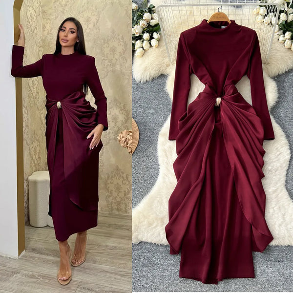 Long Dress Women Sexy Dresses Mock Neck Vestidos Y2k Streetwear Full Sleeve Tight Waist Elegant Splice Party Night Work