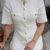 White Elegant Knitted Mini Dress For Women Metal Button Sexy Slim Rib Sweater Dress Holiday Party Outfits Autumn