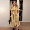 Women's Trench Style Midi Dress Stand Collar Cape Overlay Short Sleeve Belted Waist A‑Line Dresses Autumn Elegant Office Outfits