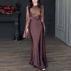 Vintage High Waisted Women Satin Long Dress Ladies Temperament Crew Collar Dresses Elegant Slim Long Sleeve Banquet Dresses