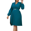 Elegant Dresses Woman V Neck Full Sleeve Pleated Mid Calf Belt Waisted African Female Birthday Party Dress