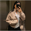 Women Camel Ribbed Knit Cardigan Zip Up High Collar Long Sleeve Cropped Sweater Flap Pockets Jacket Casual Autumn Outfits