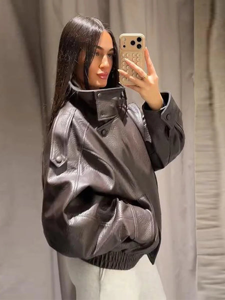 Stand Collar Leather Bomber Jacket For Women Spring Autumn Pockets Motorcycle Jacket Street Y2K Lady Bike Outerwear