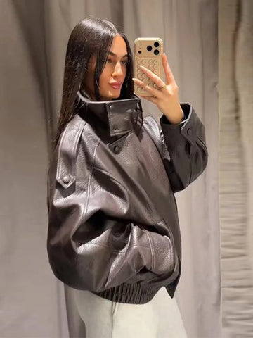 Stand Collar Leather Bomber Jacket For Women Spring Autumn Pockets Motorcycle Jacket Street Y2K Lady Bike Outerwear