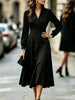 Autumn Women's Notched Work Long Sleeve Maxi Dress Wrap Waist A Line Midi Dress Elegant Long Party Dress Robe Femme