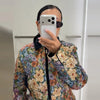 Vintage Floral Print Women Cropped Jacket Contrast Velvet Collar Zip Up Long Sleeve Slim Fit Side Pockets Coat Outerwear