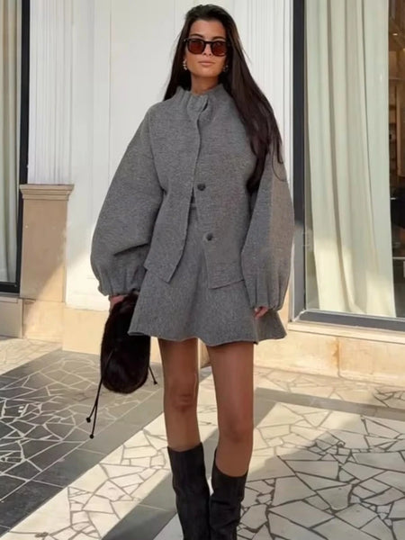 Ladies Elegant Knit Gray Dress Suits Button Loose Cardigans+Ruffles Mini Skirts Sets Winter Women 2 Piece Sets