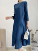 Pleated Solid Color Dress For Women Round Neck Loose Mid-calf Dresses Office Lady Female Spring 2N749