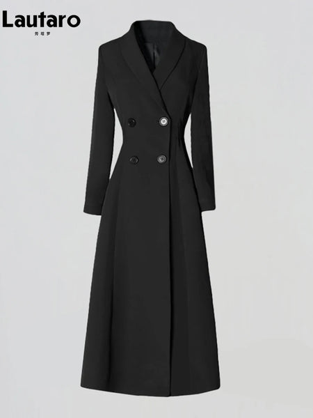Long Black Fitted Trench Coat for Women, Chic Stylish, Single Breasted, Designer Clothing, Spring, Elegant