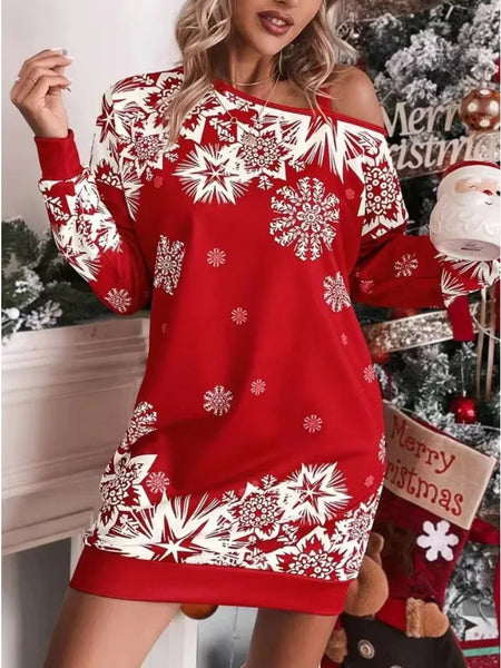 Christmas Snowflake Print Off Shoulder Dress Women Winter Long Sleeve Loose Party Mini Dresses For Women