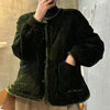 O-neck Retro Cotton Jacket Women Casual Pocket Green Velvet Coat Winter Long Sleeve Loose Warm Clothing Versatile F629
