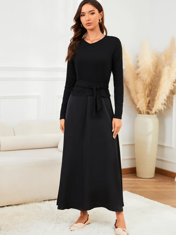 Women Long Dress Suit Cotton V-Neck Knitted Top with Belt + Satin Solid Color Strap Long Skirt