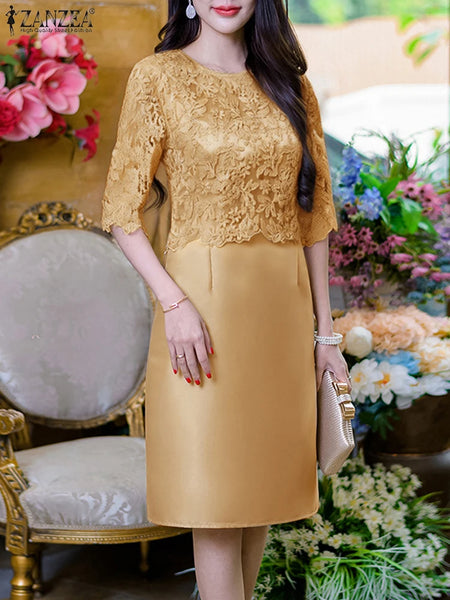 Elegant Women Dresses Lace Patchwork Satin Knee-Length Robes Femme O-Neck Half Sleeve Fitted Waist Vestidos