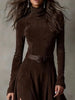 Elegant Long Sleeve Suede Party Dress High Neck Solid Slim Side Split Long Dress Women With Belt High Street Maxi Dress