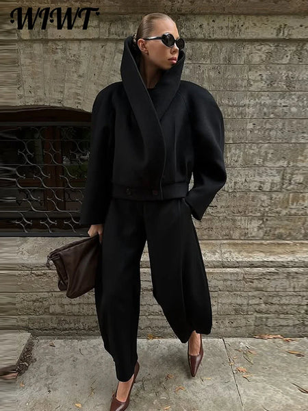 Black Stand Collar Woolen Coats Women's High Street Buttons Full Sleeve Short Overcoats Autumn Female Solid Outwear