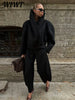 Black Stand Collar Woolen Coats Women's High Street Buttons Full Sleeve Short Overcoats Autumn Female Solid Outwear