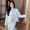 Korean Plaid Tweed Jacket Women White Round Neck Cropped Tassel Coat Autumn Single Breasted Office Lady Outwear