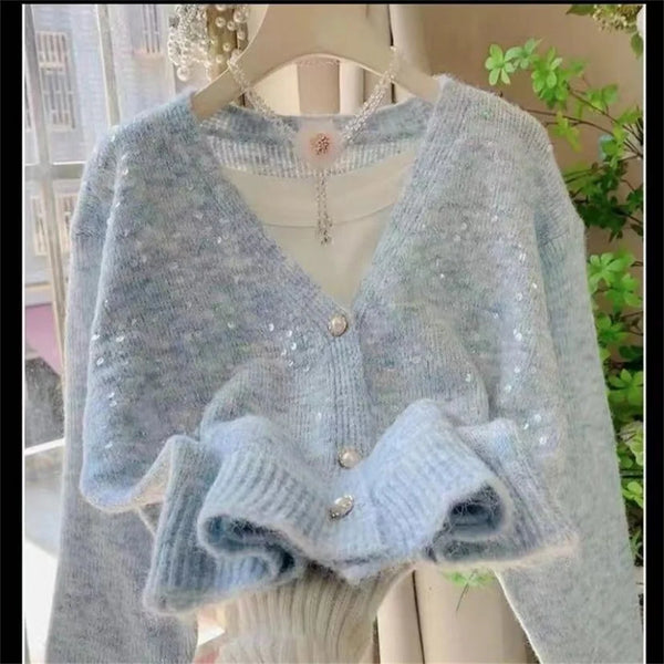 Korean Sequin Knit Cardigan Autumn Winter Pearl Button Loose Wool Sweater Women Sweet Knitwear Coat Soft Clothes Women