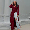 Vintage Women Long Sleeve High Side Split Ruched Up Wrap Lapel Collar White Maxi Long Dress Street Dresses