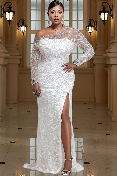 Lace Plus Size Mermaid Wedding Maxi Gown One Shoulder Sheer Slit Train Formal Dress Women Evening Prom Wedding Guest Dress