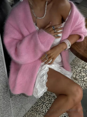 Women Knitted Thick Cashmere Wool Cardigan Chic V Neck Single Breasted Long Sleeve Sweater Fall Winter Coat Outwear