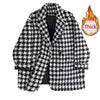 Houndstooth Faux Wool Jacket Women Korean Loose Elegant Double Breasted Suit Overcoat Winter Thick Warm Blend Outerwear