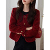Wine Red Tweed Coats Female Autumn Winter Temperament Short Jacket Korean All-Match O-Neck Outerwear