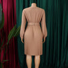 Elegant Dresses Woman V Neck Full Sleeve Pleated Mid Calf Belt Waisted African Female Birthday Party Dress