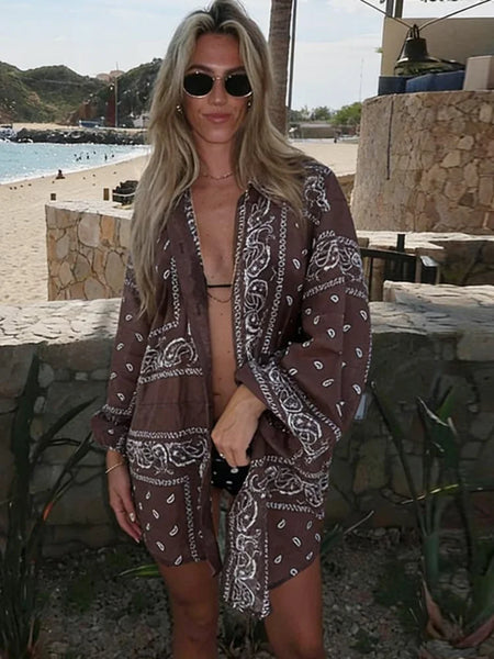 Lightweight Floral Print Oversized Coat & Square Scarf Skirt & Long Pants For Women Lady Holiday Streetwear Outfits