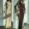 Spring Autumn Satin Long Dress Women Solid Flare Sleeve Lace Up Elegant Dresses Female Evening Party Clothes Ladies Vestido