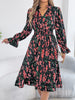 Elegant Floral Print Dresses for Women Autumn Winter Casual V Neck Flare Long Sleeve Ruffled A Line Dress
