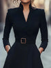 Women Long Sleeve V Neck Midi Dress With Belt A Line Swing Skirt Elegant Office Party Cocktail Wear