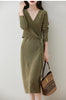 Women V-neck 100% Merino Wool Dress Sweater Autumn Winter Crossing Lace-up Long Sleeve Pullover Knit Skirt Office Lady Knitwear
