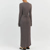 Women Elegant Ribbed Knit Full Sleeve Maxi Dress Crew Neck Bodycon Pencil Long Dress Tie Waist Dress 90s Vintage Streetwear