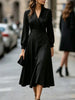 Autumn Women's Notched Work Long Sleeve Maxi Dress Wrap Waist A Line Midi Dress Elegant Long Party Dress Robe Femme