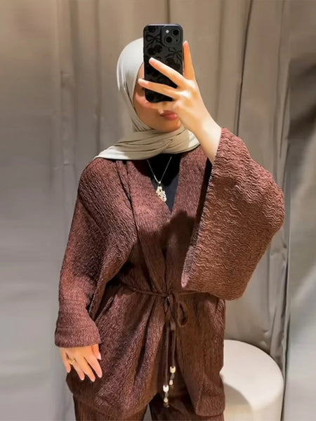Women's Trousers Sets V-neck Crinkle Wave Texture Lace Up Tops High Waist Straight Trousers Street Office Lady Partywear