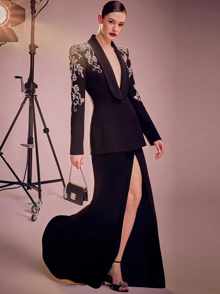 High Street Women's Diamonds Rhinestone Beaded Blazer Mermaid Long Skirt
