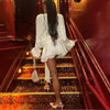Elegant Womens Ruffle Mini Dress Long Lantern Sleeve Tie-up Front Solid Color Pleated Dress Short Flowy Dress Party Club