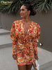 Sexy Slim Print Women Dress Bodycon V-Neck Long Sleeve Mini Dresses Elegant Ruched High Waist Lace-Up Female Dress