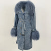 Lady Denim Jacket Mongolian Fur Collar Jacket Autumn Winter Long Trench Coat Fur Detachable Collar Fur Overcoats