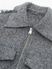 Women With Pockets Grey Front Zipper Jackets Vintage Lapel Neck Long Sleeves Female Chic Lady Outfits