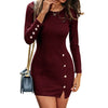 Women's Long-sleeved Dress O-neck Pullover High-waist Slim Button Girl Hip-covering Short Skirt