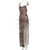 Sexy Metal Chain Shoulder Strap Leopard Print Bodycon Maxi Dress Women High Side Slit Backless Dress Elegant Club Party Vestidos