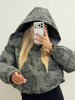 Women's Cropped Coats Camo Printed Hooded Zipper Padded Jacket Autumn Winter Lady Long Sleeve Panelled Loose Coat Outerwears