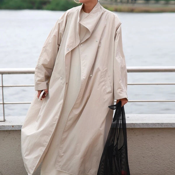 Women Autumn Long Trench Coat Chic Stand Collar Button Batwing Sleeve Oversize Jacket High Street Windproof Loose Outfit